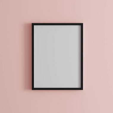 Açık pembe duvardaki boş çerçeve, duvardaki dikey siyah poster çerçevesi, duvardaki izole resim çerçevesi, resim ya da fotoğraf çerçevesi için maket, parlak duvardaki boş çerçeve, 3d