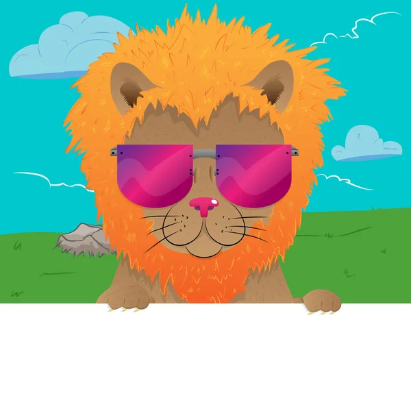 Lion with sunglasses behind a blank banner. Cool zoo animal. Vector illustration.