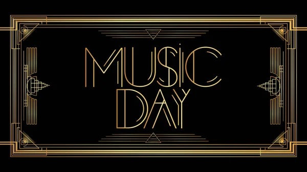 Art Deco Music Day Text Golden Decorative Greeting Card Sign — Stock Vector