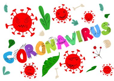 Coronavirus çizgi filminde dinozor harfleri kullanılır. Çocuklar için soyut kart.