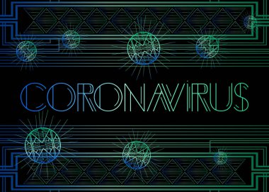 Art Deco Coronavirus metni. Dekoratif tebrik kartı, eski harflerle imzalayın..