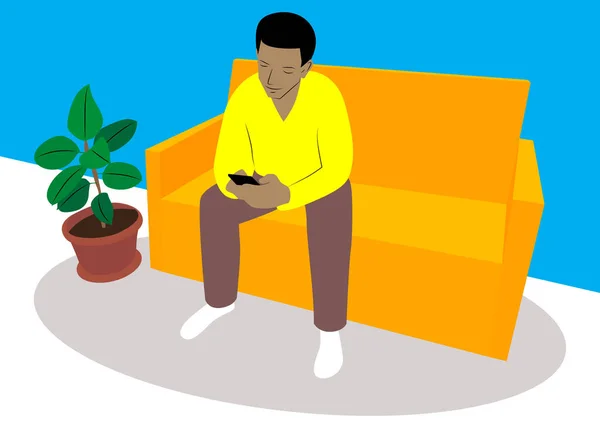 在家里休息或工作时使用智能手机的黑人年轻人 下载应用程序 在手机上浏览互联网 在网上给朋友发短信 并通过社交媒体查看新闻资料 坐在沙发上的非裔美国人矢量说明 — 图库矢量图片