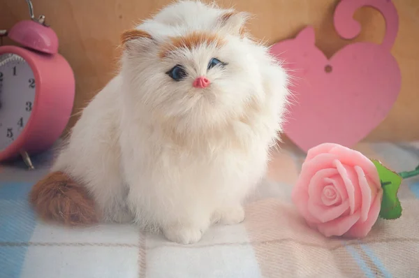 romantic card fluffy toy cat on the background of an alarm clock and a flower
