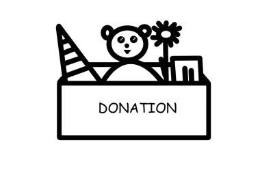 Bağış için oyuncaklarla dolu bir kutu. Tema için illüstrasyon, bağışlar, hayır işleri, yetimhanelere ve düşük gelirli ailelere yardım, oyuncaklara ikinci yaşam.