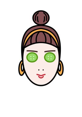 Gözlerinin önünde salatalık dilimleri olan kadın yüzü. Güzellik konsepti. Çizimler kozmetoloji, cilt temizleme, tedavi gibi konularda kullanılabilir.