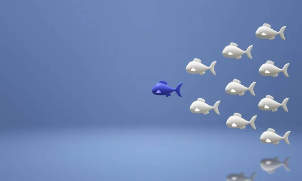 3D 'de mavi balık ve beyaz balık, liderlik, pazarlama konsepti, sosyal medya etkisi, insan kaynakları alıcısı, öne çıkan konsept