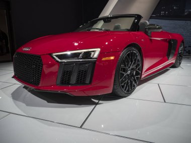 Detroit, bize - 15 Ocak 2018: Audi R8 V10 Plus Kuzey Amerika Uluslararası Otomobil Fuarı'nda şehir Detroit Cobo Center'da sırasında ekranda.