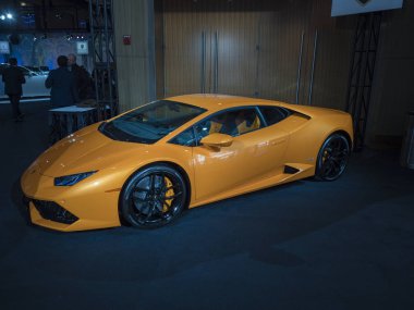 Detroit, bize - 14 Ocak 2018: Lamborghini Huracan coupe Kuzey Amerika Uluslararası Otomobil Fuarı'nda şehir Detroit Cobo Center'da sırasında ekranda.