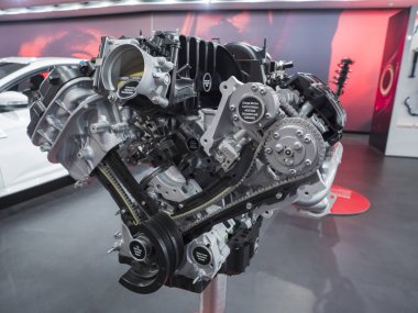 Detroit, bize - 15 Ocak 2018: Ford Shelby Gt 350 Mustang Kuzey Amerika Uluslararası Otomobil Fuarı'nda şehir Detroit Cobo Center'da sırasında ekranda.