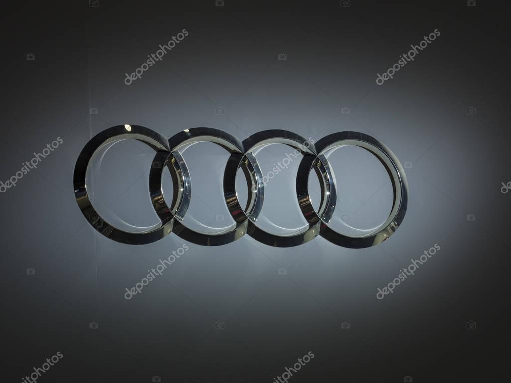 DETROIT, US - JANUARY 15, 2018: Audi logo on display during the North American International Auto Show at the Cobo Center in downtown Detroit.