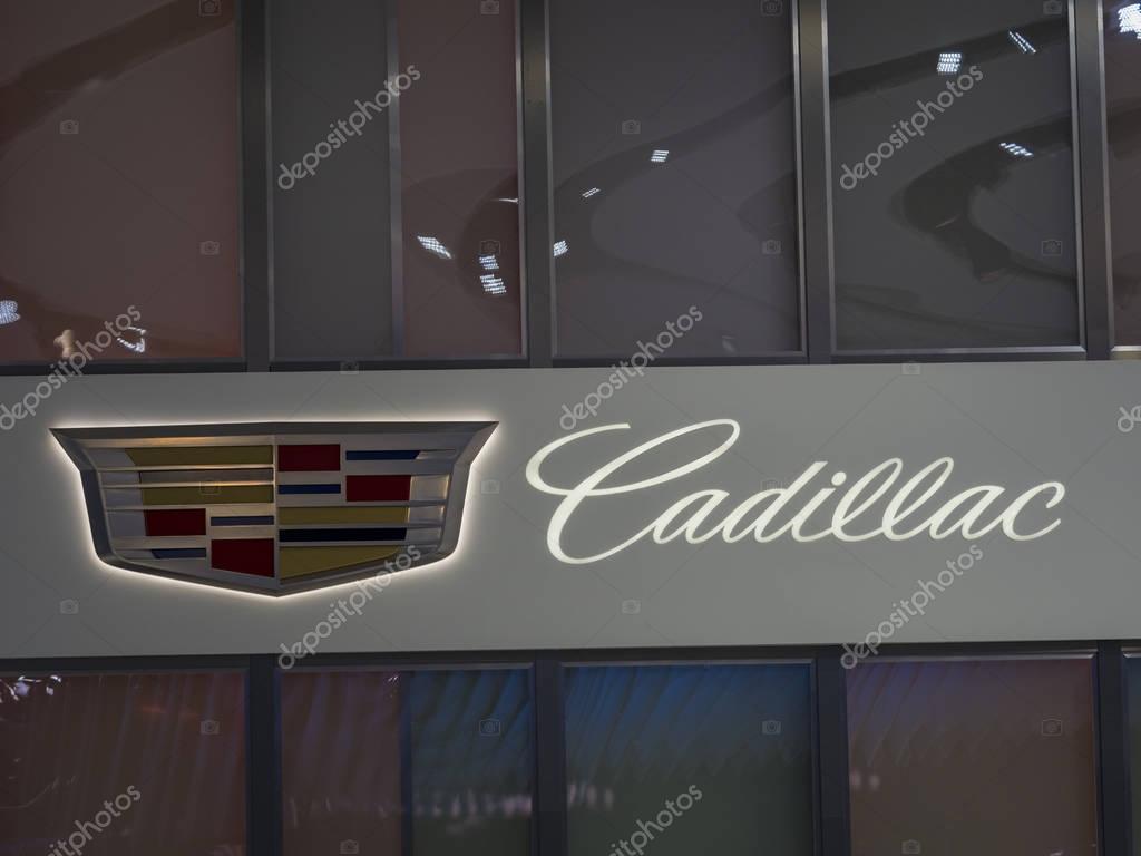 DETROIT, US - JANUARY 15, 2018: Cadillac logo on display during the North American International Auto Show at the Cobo Center in downtown Detroit.
