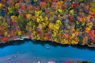 Japonya 'nın Kyoto, Osaka kentindeki Arashiyama nehri boyunca açılan sonbaharın mevsimsel değişiminin manzarası, Japonya' yı ziyaret etmek için popüler bir turizm merkezi.