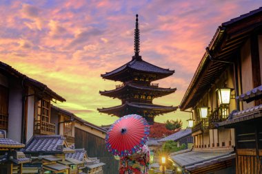Geleneksel ya da orijinal Japon kıyafetleri giyen eski moda bir kadın, köy bahçesinin ortasında tek başına yürüyor, Japon tarzı çekici.  