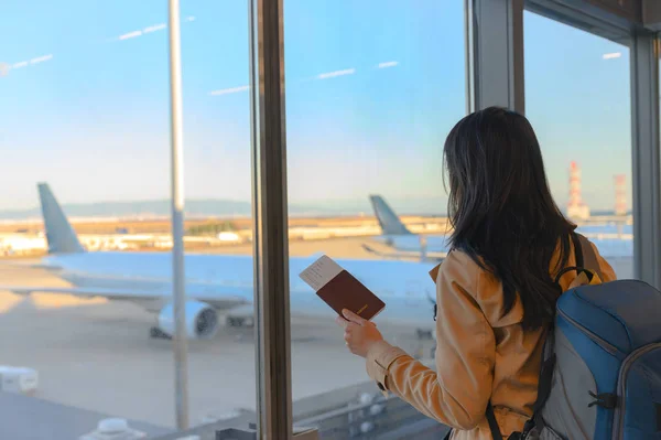 Passenger Tourist Holding Passport Boarding Pass Waiting Transit Train Terminal — Stock Photo, Image