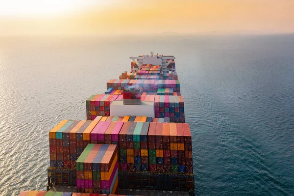 Top Aerial View Large Volume Teu Containers Ship Sailing Sea — 스톡 사진