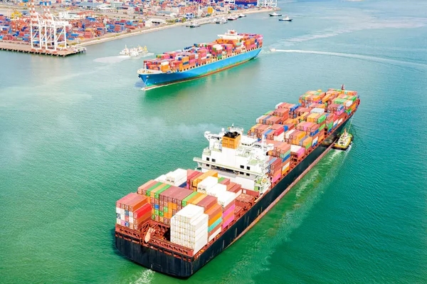 Top Aerial View Large Teu Containers Ships Arrival Departure Port — Stock Photo, Image