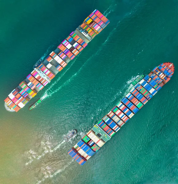 Top Aerial View Large Volume Teu Containers Ships Sailing Cross — Stock Photo, Image