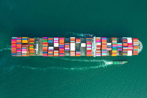 Top Aerial View Large Volume Teu Containers Ship Sailing Sea — Stock Photo, Image