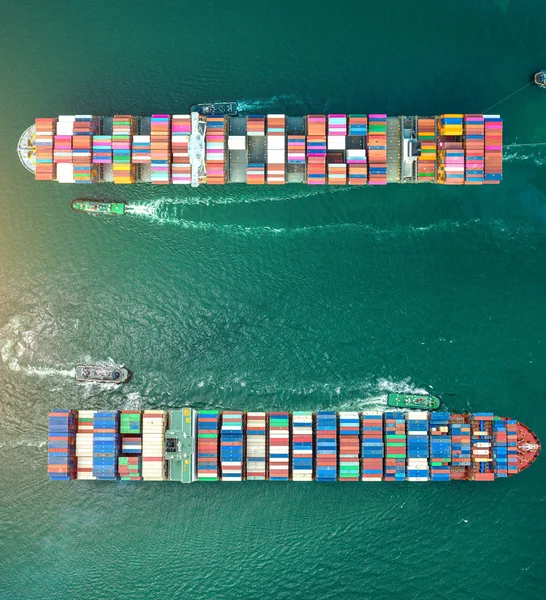 Top Aerial View Large Volume Teu Containers Ships Sailing Cross — Stock Photo, Image