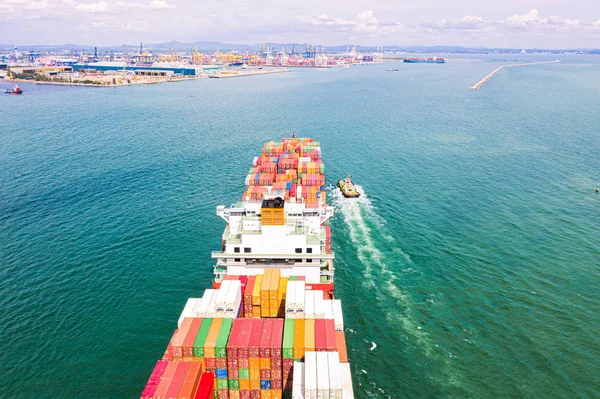Top Aerial View Large Teu Containers Ship Arrival Port Carriage — 스톡 사진