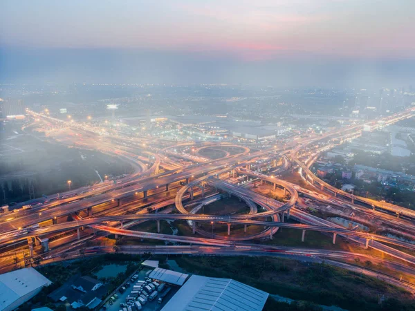 Aerial Top View Express Way Rush Hours Traffic Creat Far — Stockfoto