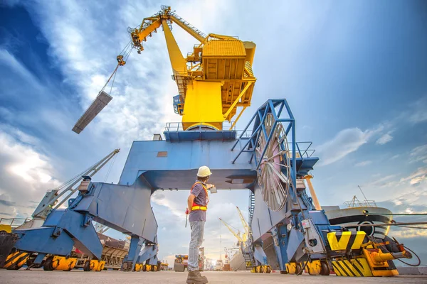 Der Und Entladebetrieb Containerschiff Schiff Hafen Übernimmt Die Kontrolle Durch — Stockfoto