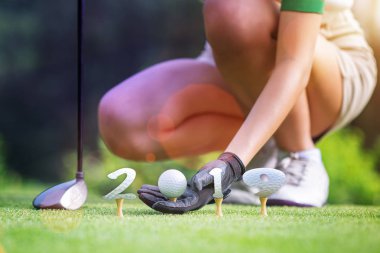 Gelecek yıl 2019 'da, golf sahasındaki kadın golfçünün elinde hazır olun, çoğunlukla yeni yılın çimenlerine vurmaya hazır, başarılı bir şekilde, yeni yılınız kutlu olsun ve golf sahasında mutlu Noeller.