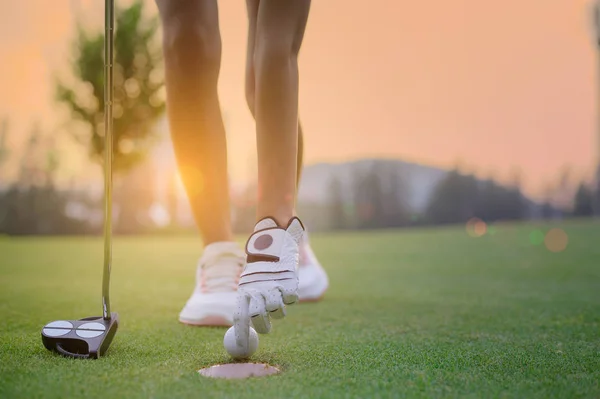 Egy Keze Aki Elvisz Egy Golflabdát Lyukból Zöldön Miután Napnyugta — Stock Fotó