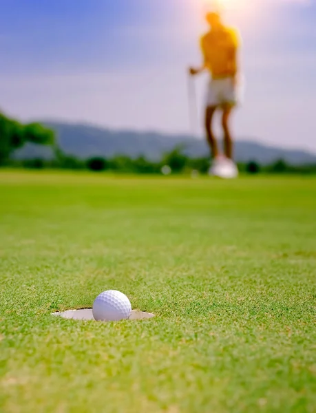 Golf Ball Dropped Successfully Hole Green Putting Woman Golf Player — 图库照片