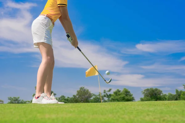 Golf Player Concentrate Hit Golf Ball Away Destination Green Winning — 스톡 사진