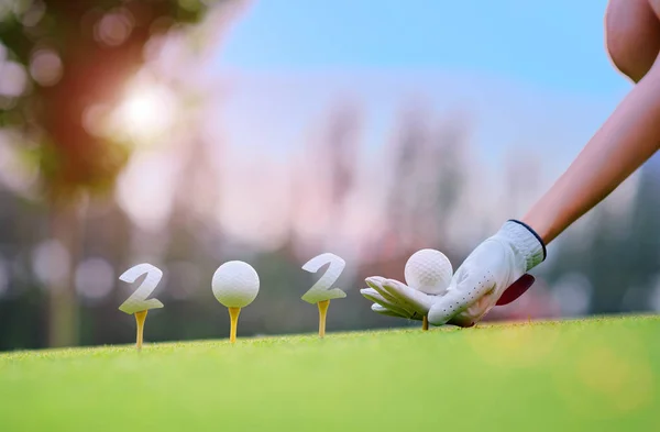 Hand Woman Golfer Laying Golf Ball Wooden Tee Tee Golf — Stock fotografie