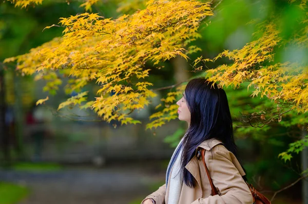 Mulher Turista Viajante Ama Desfrutar Emoção Natureza Mudança Estação Viajar — Fotografia de Stock