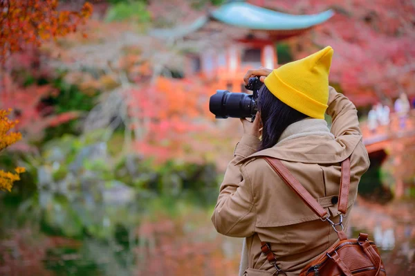 Woman Traveller Tourist Enjoy Takes Photo See Scenery View Autumn — Stock Photo, Image