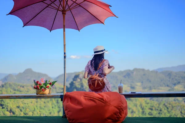 Woman Traveller Sitting Terrace Cafe Enjoy Scenery View Mountain Countryside — Stock Photo, Image