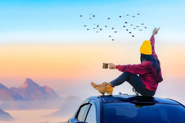 องเท ยวเพล ดเพล บเวลากาแฟบนหล งคาของเธอเองของรถท ของภ เขาและหมอกในตอนเช าในพ นหล — ภาพถ่ายสต็อก