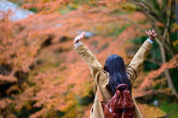 Mulher Viajante Turista Desfrutar Natureza Com Levantar Braço Aberto Felicidade — Fotografia de Stock