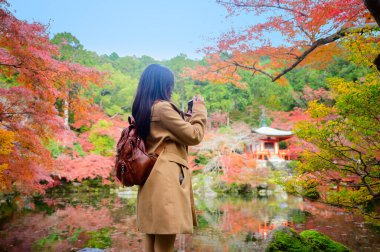 Gezgin kadın turistler Japonya 'nın sonbahar köyünün manzarasının keyfini çıkarıyor, Japonya' yı ziyaret eden turistler için popüler ve ünlü bir yerde sonbahar mevsimi değişimi yaşanıyor. 