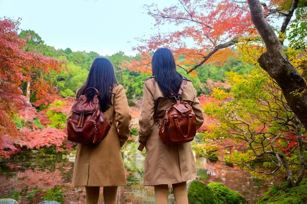 Kobiety Podróżnik Turysta Cieszyć Się Szczęście Aby Zobaczyć Widoki Jesienną — Zdjęcie stockowe