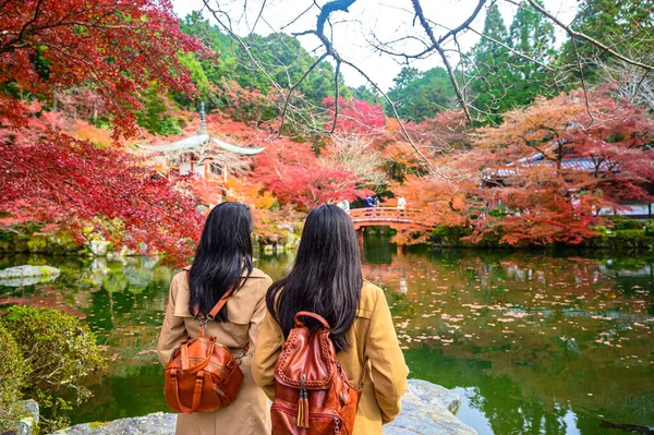 Gezgin Kadın Turistler Japonya Nın Sonbahar Köyünün Manzarasının Keyfini Çıkarıyor — Stok fotoğraf