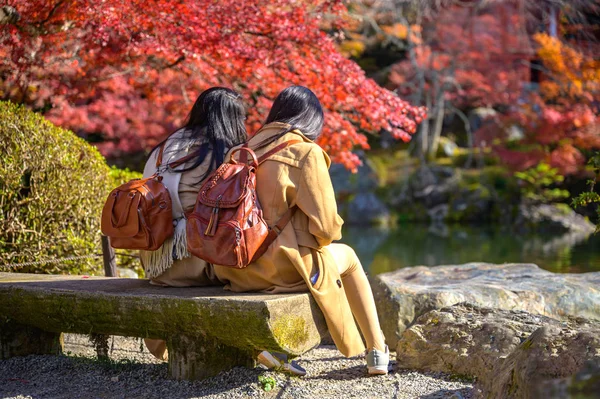 Gezgin kadın turistler Japonya 'nın sonbahar köyünün manzarasının keyfini çıkarıyor, Japonya' yı ziyaret eden turistler için popüler ve ünlü bir yerde sonbahar mevsimi değişimi yaşanıyor. 