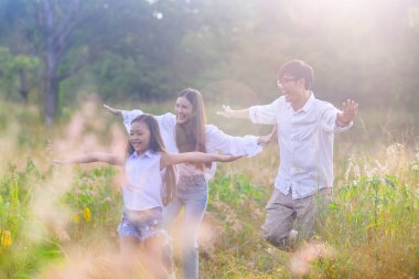 Bir grup sıcak aile, gün doğumunda kır çiçeklerinin olduğu çayır tarlasında birlikte oynamanın keyfini çıkarırlar.