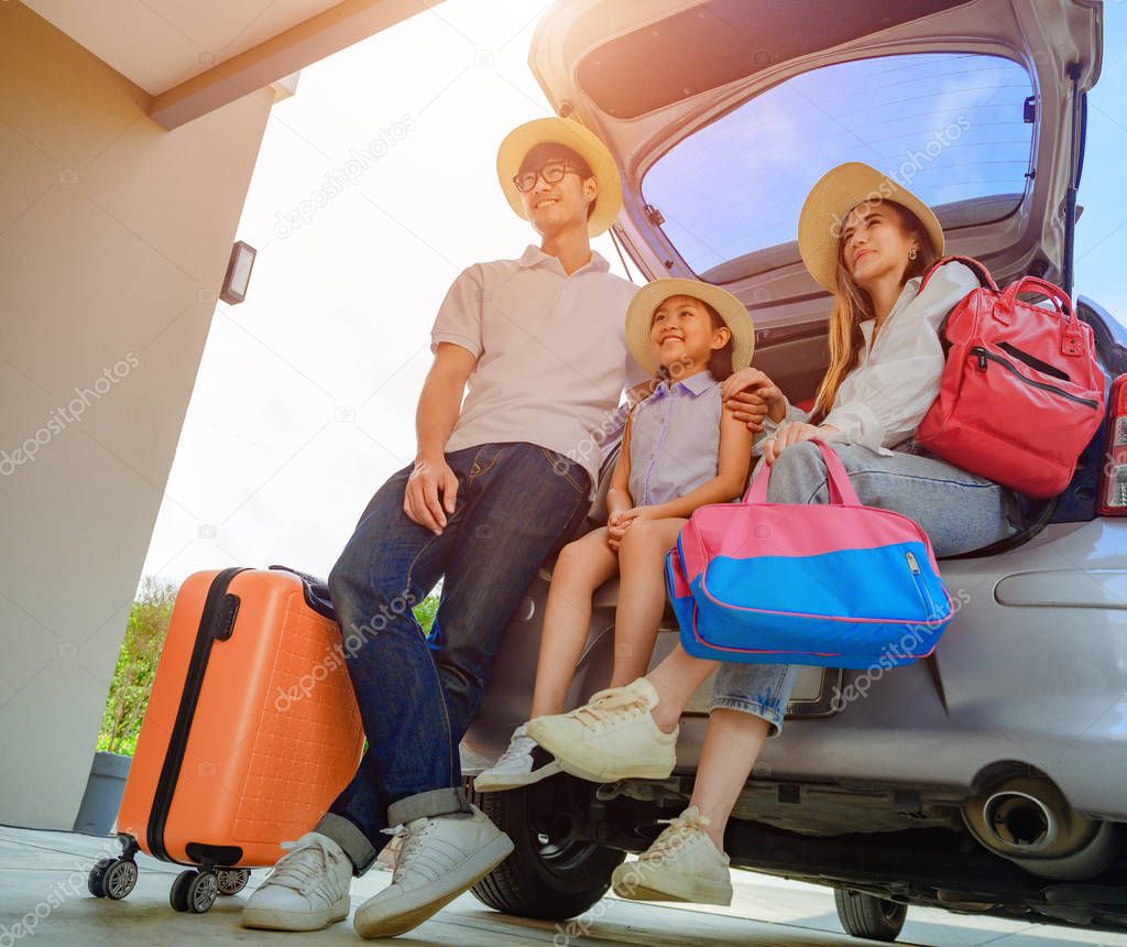 Family prepare and arrange luggages and packing ready to traveling outdoors journey in summer time long weekend vacations, coverage insurance through the trip for safety lif