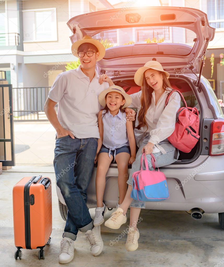 Family prepare and arrange luggages and packing ready to traveling outdoors journey in summer time long weekend vacations, coverage insurance through the trip for safety life
