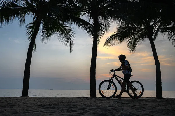 Silhouette Femme Vélo Long Plage Mer Sous Les Cocotiers Coucher — Photo