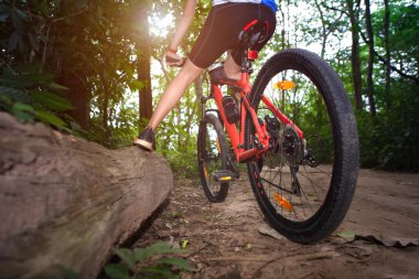 Yağmur ormanı yolunda bisiklet süren bir kadın, kırsal kesimde dağ bisikletine binen maceracı bir kadın.
