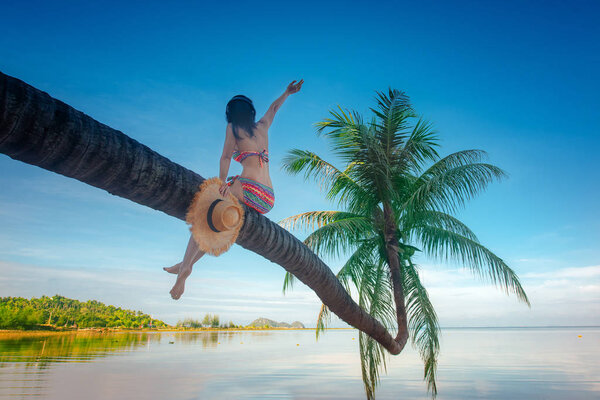 женщина наслаждается морской пляжной природой, сидя на пальмовом кокосовом пляже над водой моря
