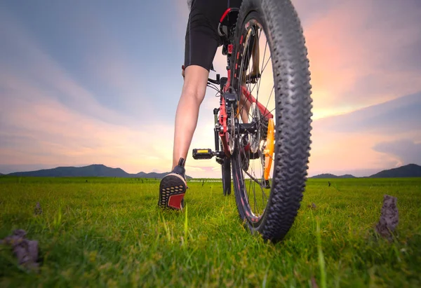 Jambe Cycliste Femme Fait Une Pause Vélo Sur Chemin Champ — Photo