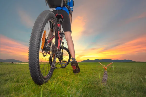 Vrouw Fietser Gepauzeerd Rijden Het Weiland Zoek Naar Vooruit Mogelijkheid — Stockfoto