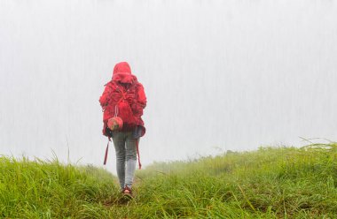 woman traveller trekking on the meadow field at raining shower on the hill mountain