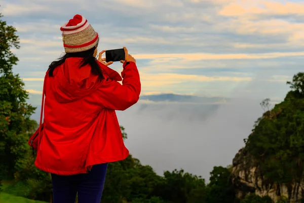 Traveller Woman Enjoy Taking Photo Mobile Phone Sunrise Peak Mountain — Stock Photo, Image